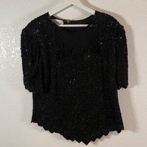 Laurence Kazar Black All Over Beaded Sequined Vintage Party Top Size 1X